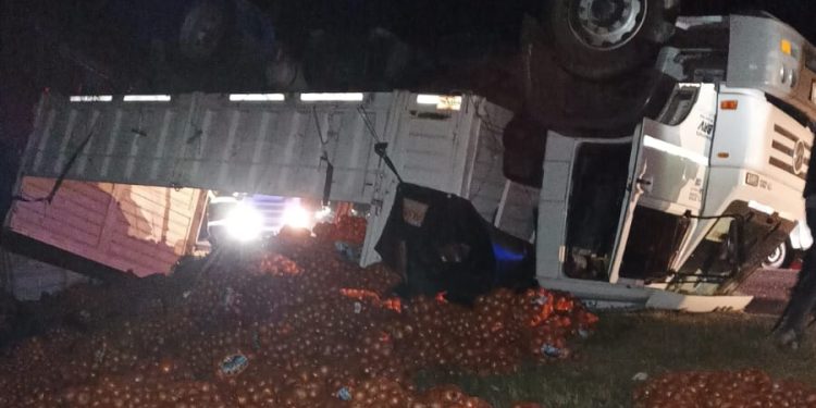 UN CAMIÓN VOLCÓ Y PERDIÓ TODA SU CARGA