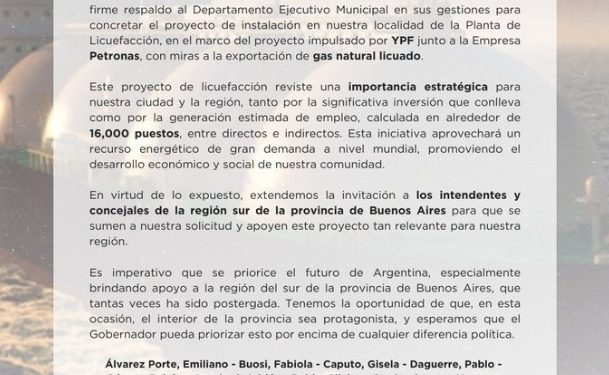 FUERTE RESPALDO DE JUNTOS PARA EL MEGAPROYECTO DE GNL SE INSTALE EN BAHÍA BLANCA