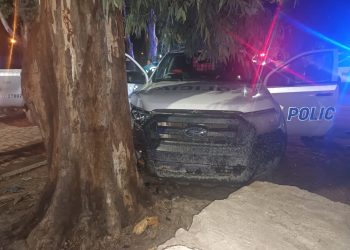 UN MÓVIL POLICIAL CHOCÓ CON UN AUTO Y TERMINÓ SOBRE UN ÁRBOL