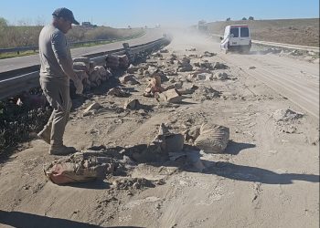 VARIAS BOLSAS DE CEMENTO QUEDARON SOBRE LA RUTA LUEGO DE UN VUELCO