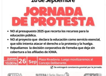 LOS DOCENTES DE SUTEBA ANUNCIARON QUE ESTE JUEVES REALIZARÁN UNA NUEVA JORNADA DE PROTESTA EN BAHÍA