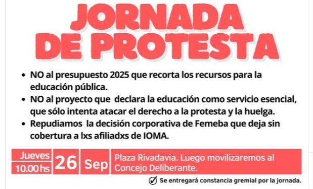 LOS DOCENTES DE SUTEBA ANUNCIARON QUE ESTE JUEVES REALIZARÁN UNA NUEVA JORNADA DE PROTESTA EN BAHÍA
