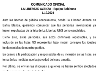 LA LIBERTAD AVANZA EN BAHÍA EMITIÓ UN COMUNICADO SOBRE LA SITUACIÓN CON LA LISTA DE LA UNS