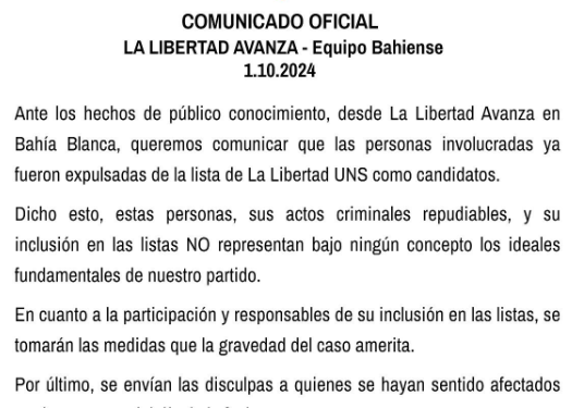 LA LIBERTAD AVANZA EN BAHÍA EMITIÓ UN COMUNICADO SOBRE LA SITUACIÓN CON LA LISTA DE LA UNS