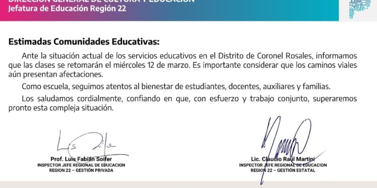 RETOMAN LAS CLASES EN VILLARINO Y MAÑANA EN CORONEL ROSALES