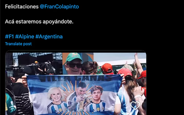 EL APOYO DE MIRTHA LEGRAND A LA TITULARIDAD DE FRANCO COLAPINTO EN LA F1
