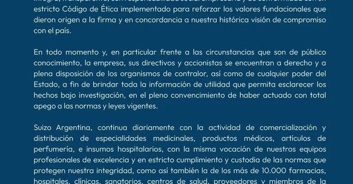 MILEI DIFUNDIÓ EN SUS REDES UN COMUNICADO DE LA DROGUERÍA SUIZO ARGENTINA