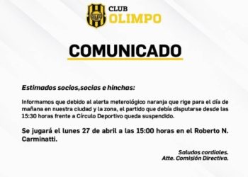 SE REPROGRAMÓ EL PARTIDO DE OLIMPO Y CÍRCULO DEPORTIVO POR EL ALERTA