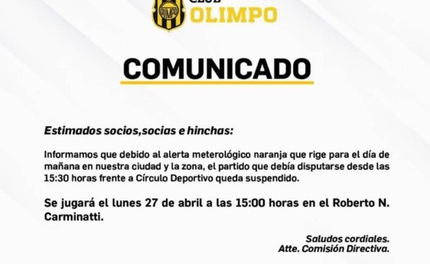 SE REPROGRAMÓ EL PARTIDO DE OLIMPO Y CÍRCULO DEPORTIVO POR EL ALERTA